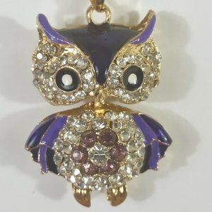 Owl purple rhinestone necklace 28-30 inches gold tone